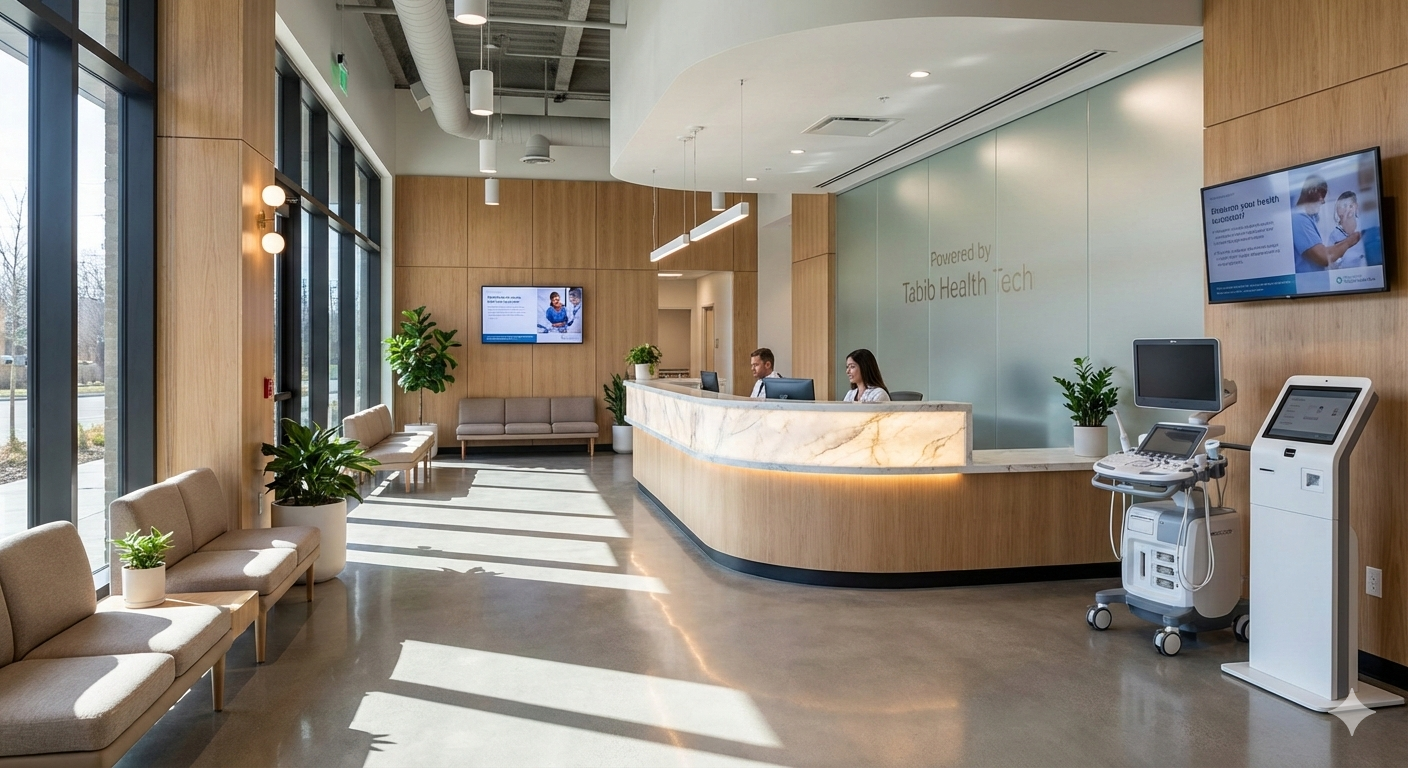 Modern healthcare reception area with professional staff at curved reception desk